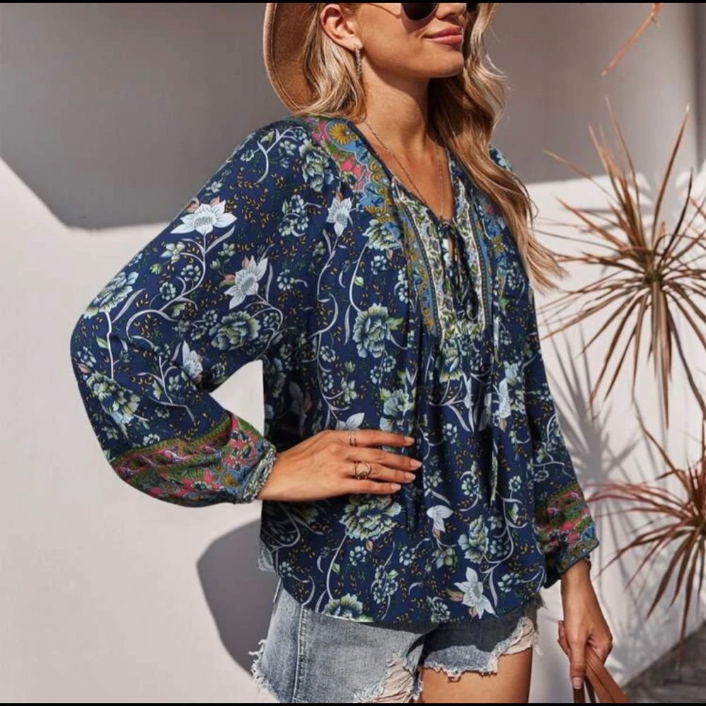Bohemian Gypsy Mint Floral Print Blouse Top - Picture 8 of 10